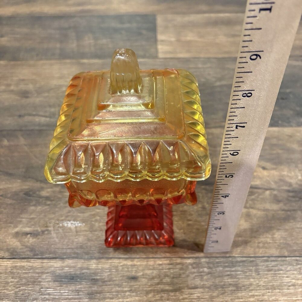 Vintage Amberina Glass Covered Pedestal Square Wedding Box Dish 8.5" - Picture 8 of 8